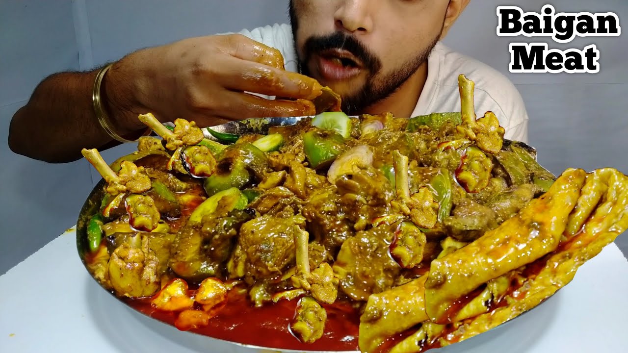 Eating Brinjal Oily Meat Ruti | Baigan Chicken Masala | Baigan Vorta | Chicken Bharta | Bengali Food