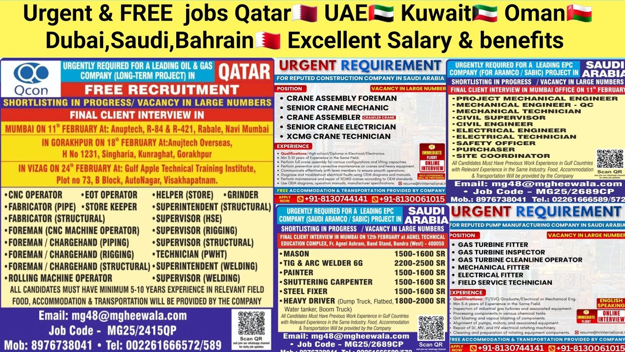 Urgent & FREE  jobs Qatar🇶🇦 UAE🇦🇪 Kuwait🇰🇼 Oman🇴🇲 Dubai,Saudi,Bahrain🇧🇭 Excellent Salary & benefits 