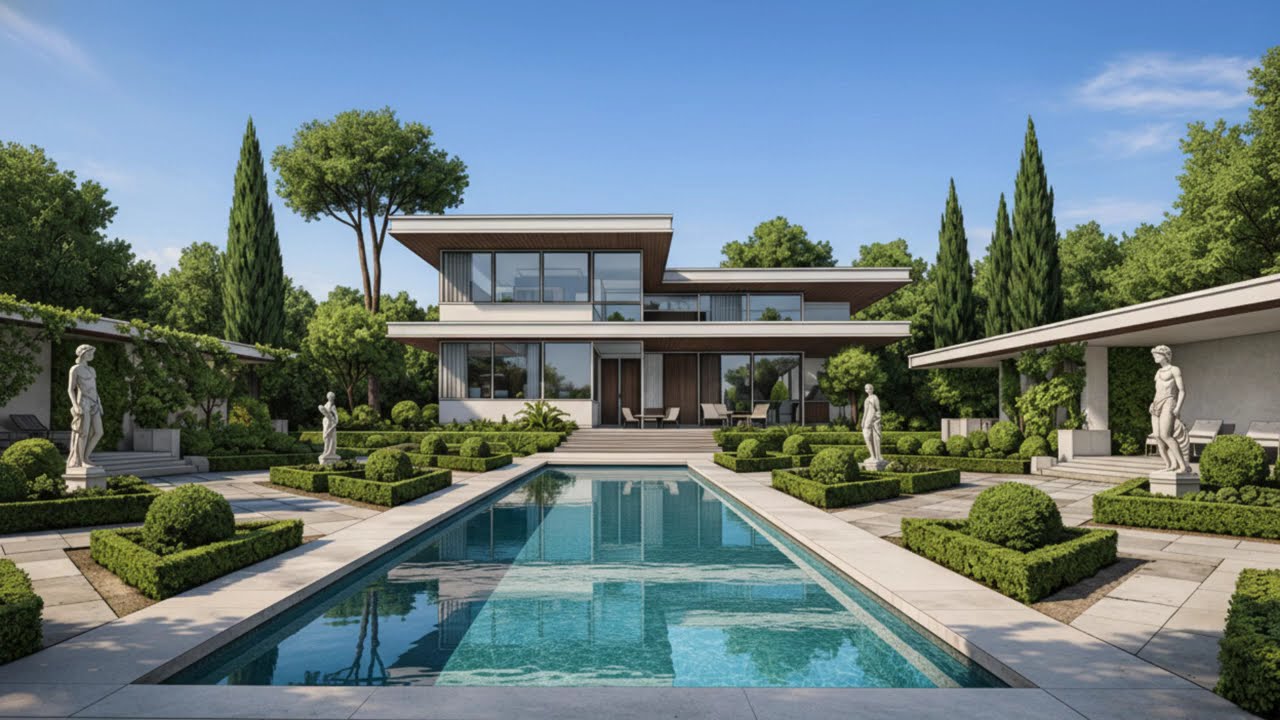 Luxury Modern Villa with Symmetrical Garden & Pool | Ultra-Realistic 4K Architectural Render