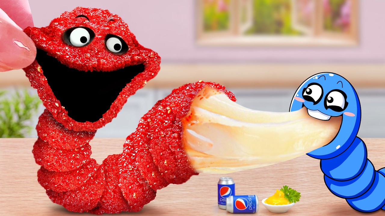 HUNGRY SNAKE vs  BIG WORM 🪱 Miniature Fried Chicken and Cheese Big Worm Shape 🐍 Sunny Tiny Food
