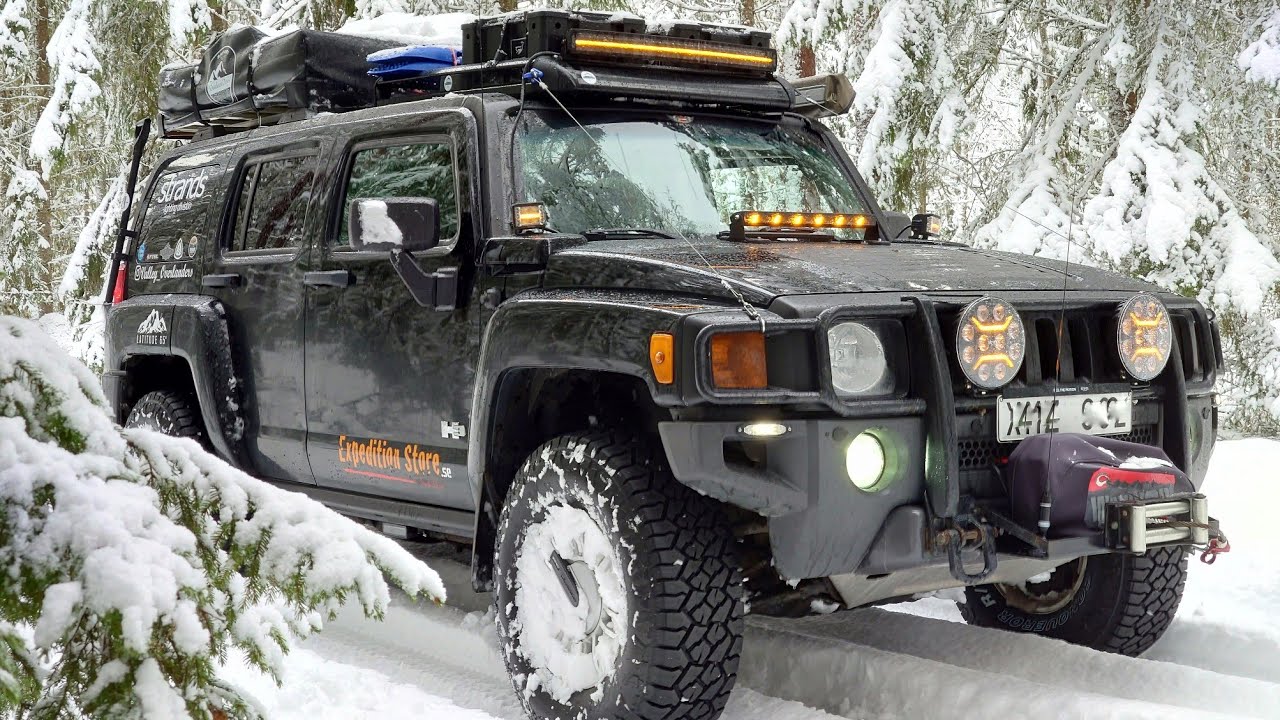 Hummer H3 and Volkswagen Amarok Winter Overlanding Adventure Exploring and Camping. Sweden.