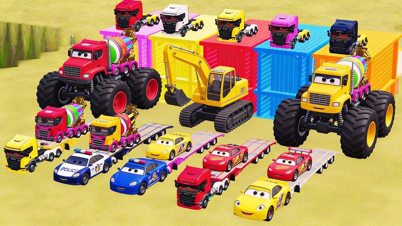 Flatbed Trailer McQueen Transportation with Truck   Speedbumps vs Cars vs Train FS22 KutaVersus #34