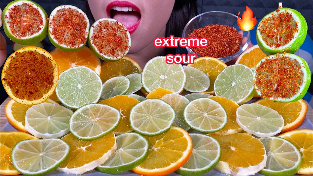 MASSIVE EATING EXTREME SOUR LIME, ORANGE + SALT & HOT CHILI ASMR 먹방 Eating Sounds
