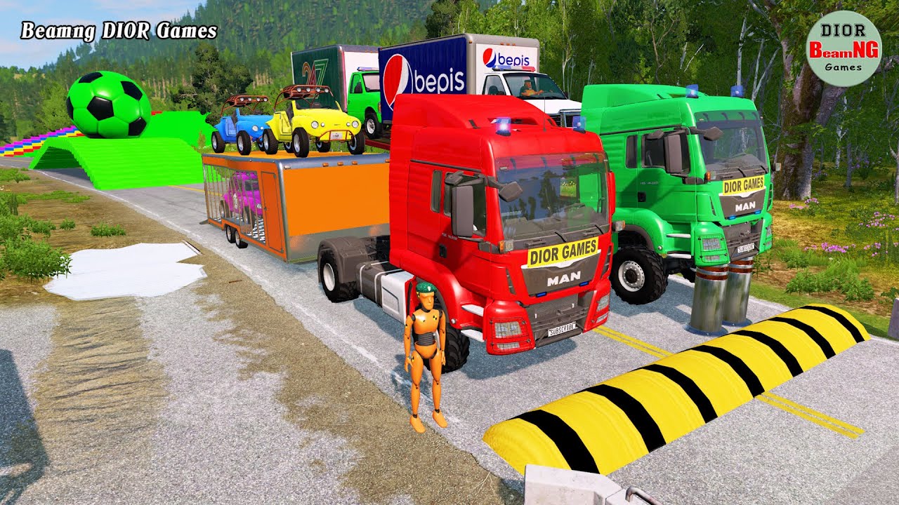 Double Flatbed Trailer Truck vs speed bumps|Busses vs speed bumps|Beamng Drive|528