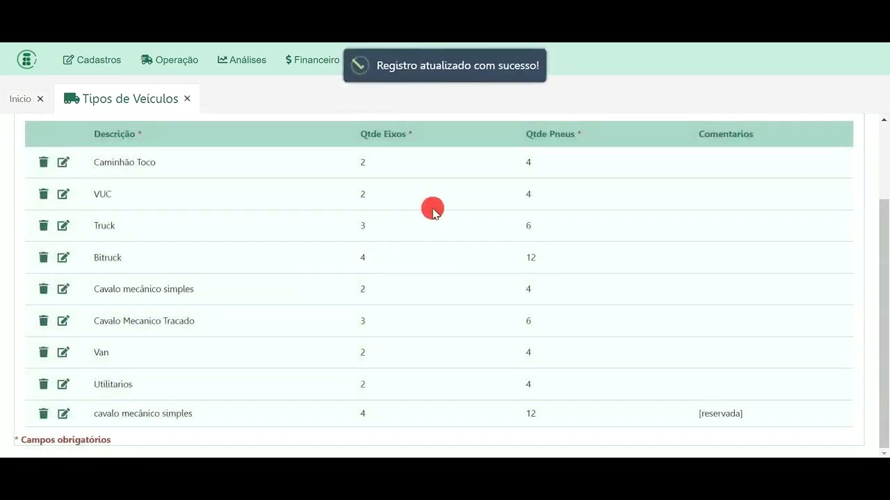 SISTEMA CONTROLE DE FROTA - CADASTROS - TIPOS DE VE&Iacute;CULOS