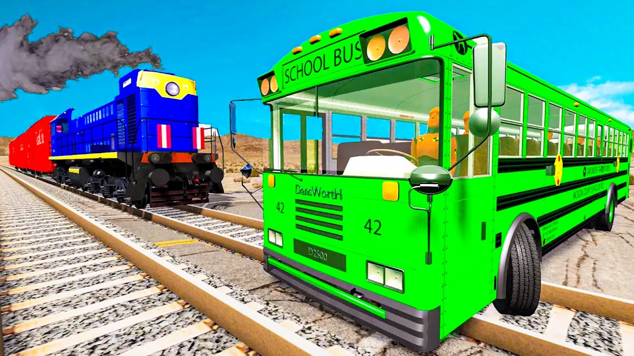 Flatbed Trailer Tractor Truck Rescue Bus | Cars vs Double Rails | BeamNG.Drive Satisfying Video