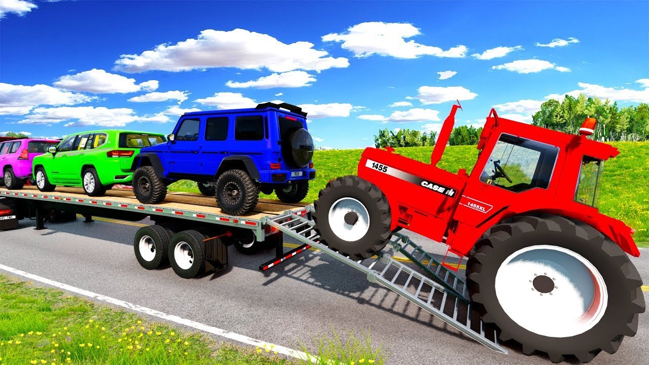 TRANSPORTING PIXAR CARS & FRUITS WITH COLORED & JOHN DEERE vs CLAAS vs TRACTORS - BeamNG.drive
