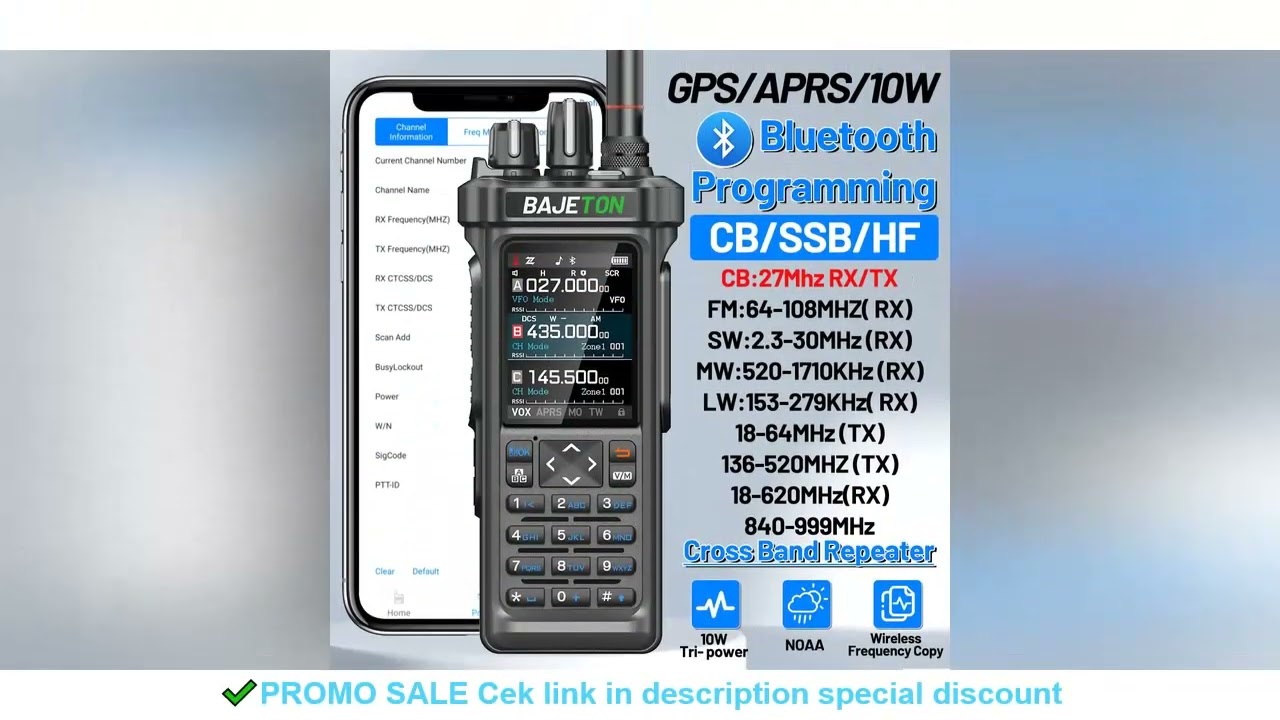 BAJETON BJ-9000 GPS APRS Walkie Talkie 10W CB 27Mhz CB/SSB/HF Bluetooth Programming NOAA ShortWave F