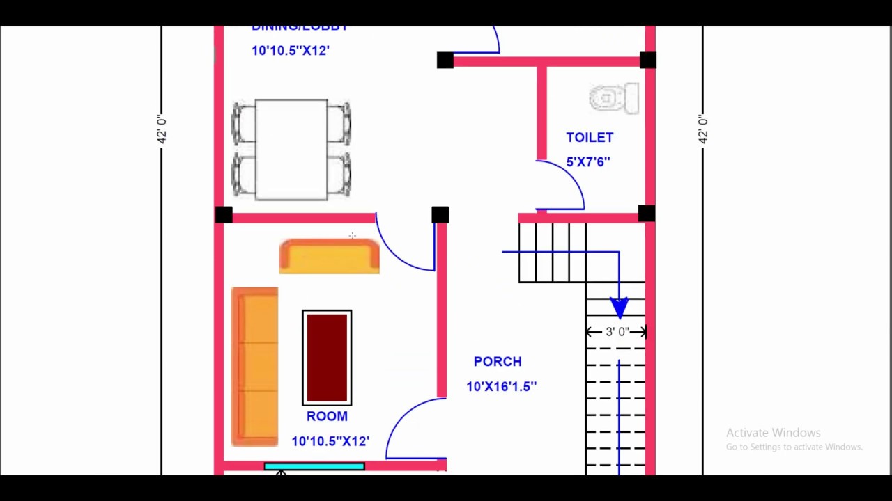 2BHK HOUSE PLAN 22' X 42' / 924 SQ.FT / 103 SQ.YDS / 86 SQ.M / 103 GAJ / (4K)