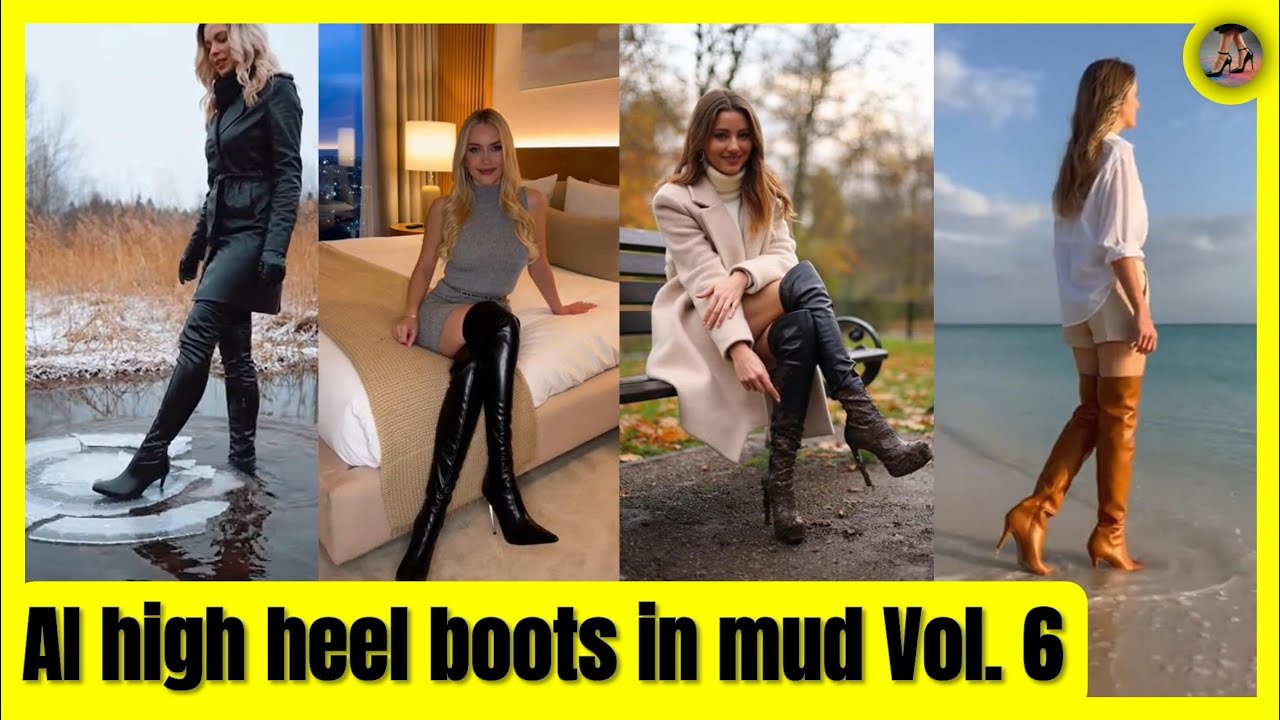 AI Heel Boots Compilation: Walking Through Mud & Water | Cinematic Overknee Boots