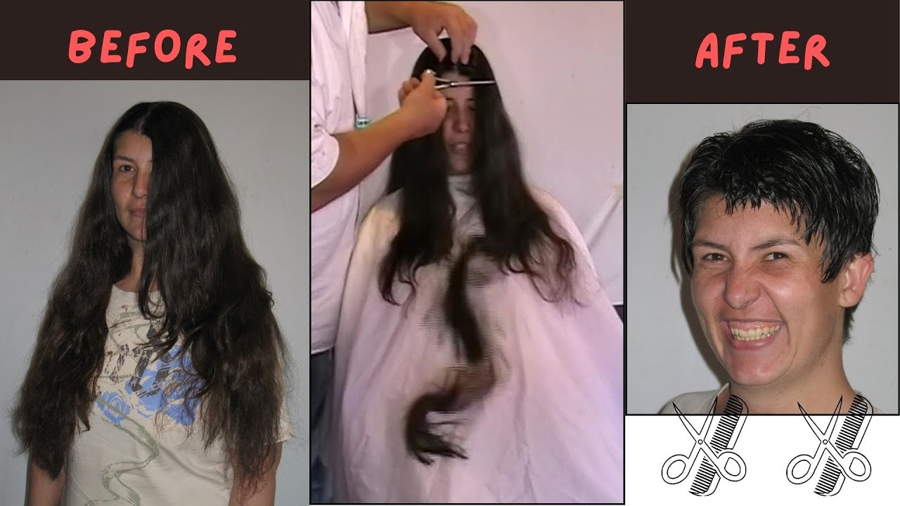Friendly lady very long dark hair cut short 