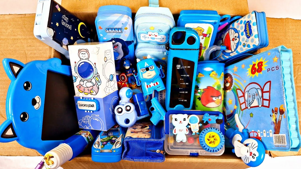 Fancy Blue Stationery Collection🤩Bottle, Geometry, Board, Pencil Box, Sharpener, Eraser, Coloringkit