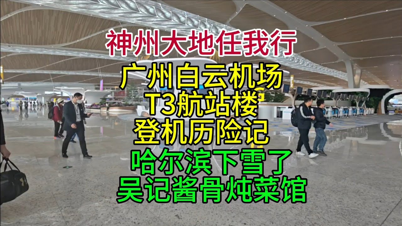 神州大地任我行，广州白云机场T3航站楼登机历险记，哈尔滨下雪了，吴记酱骨炖菜馆，粤语中字幕2026-1-8