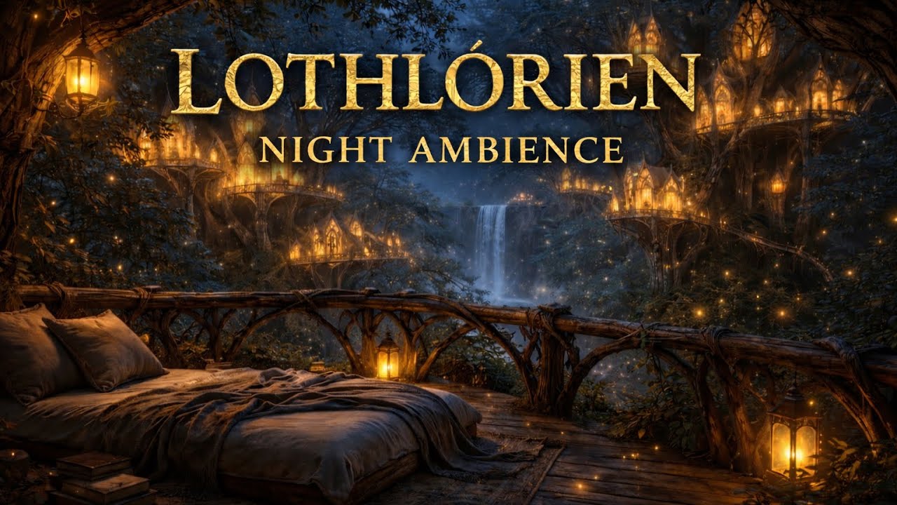 Lothlórien Night Ambience | Elven Treetop Balcony, Waterfall, Crickets & Rustling Leaves (3 Hours)