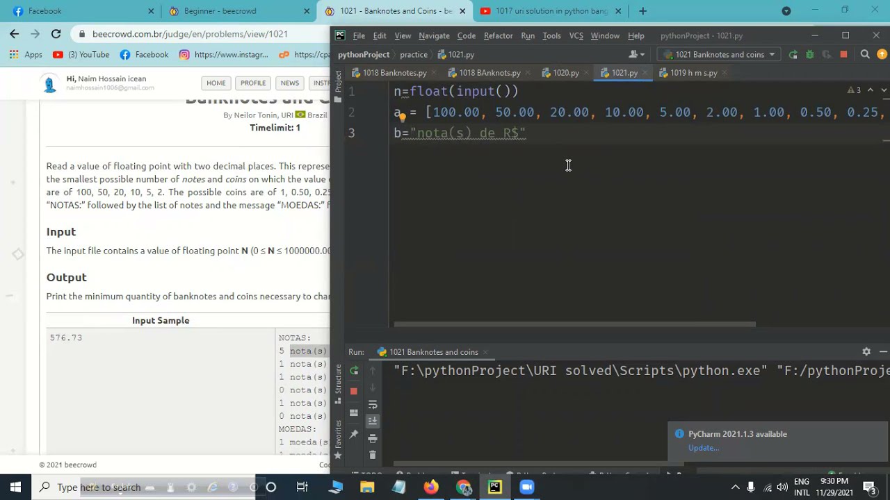 1021 uri Banknotes and coins solution by Python with explanation / Banknote and coin 1021 uri online