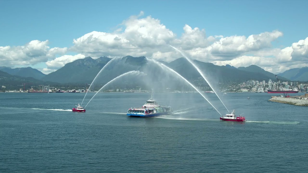 The Burrard Chinook SeaBus sails into service with a water salute