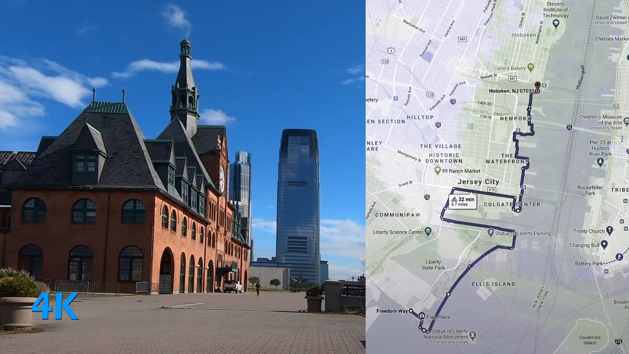 Jersey City Waterfront Hudson River from Liberty State Park to Hoboken Terminal NJ ASMR by bike