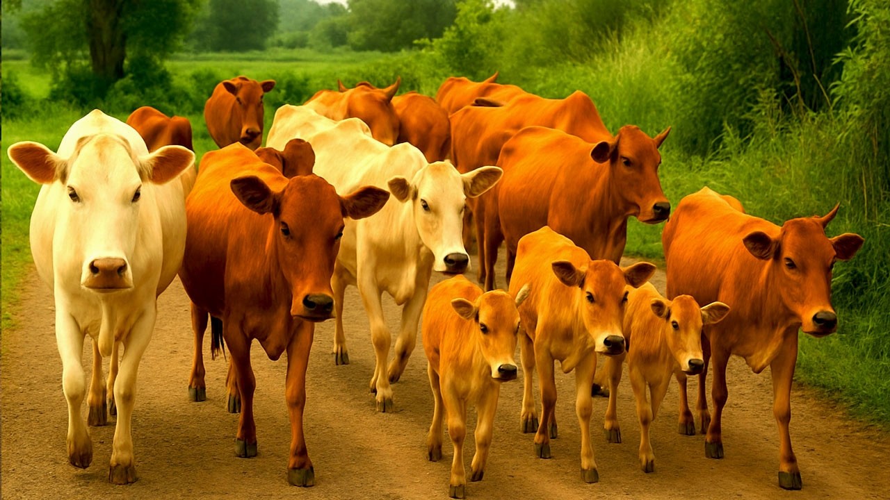 Kawanan sapi berjalan rapi menuju ladang rumput hijau, Suara Sapi Moo, Sapi lucu yang sehat