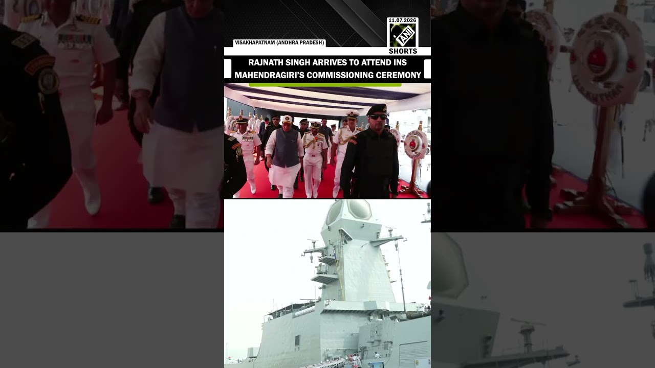 Rajnath Singh arrives to attend commissioning ceremony of INS Mahendragiri in Visakhapatnam