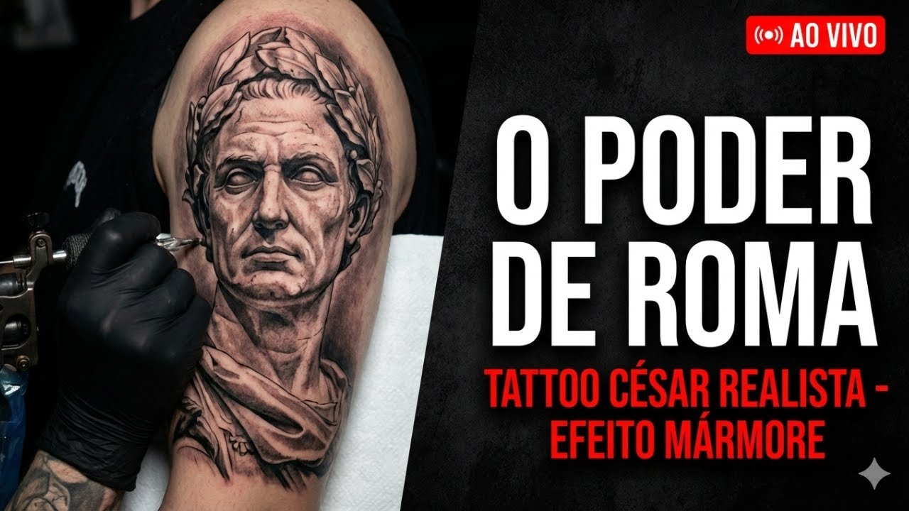 O PODER DE ROMA | Live Tattoo: Busto de Júlio César (Realismo Black & Grey e Textura de Pedra)