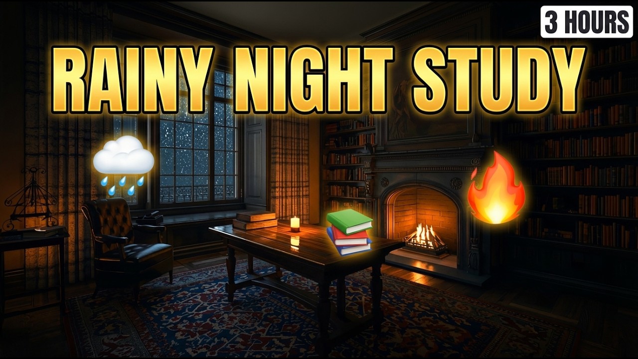 Rainy Night Study Ambience | 3 Hours of Cozy Fireplace & Soft Rain for Deep Focus