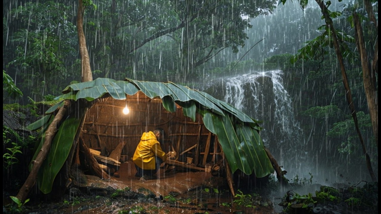 camping in heavy rain building a warm shelter thunder // cooking chicken in the pouring rain