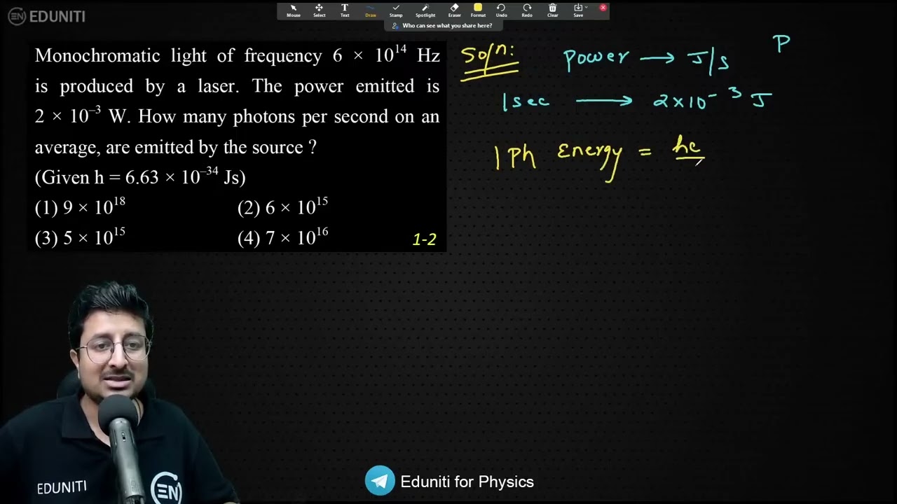 Monochromatic light of frequency 6 x 10^14 Hz is produced by a laser. The power emitted is 2 x