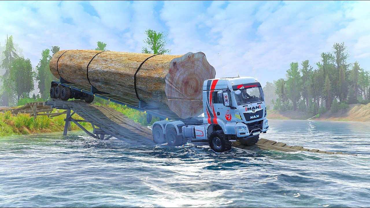 Extreme and Dangerous Action of a Timber Truck Crossing a Wooden Bridge