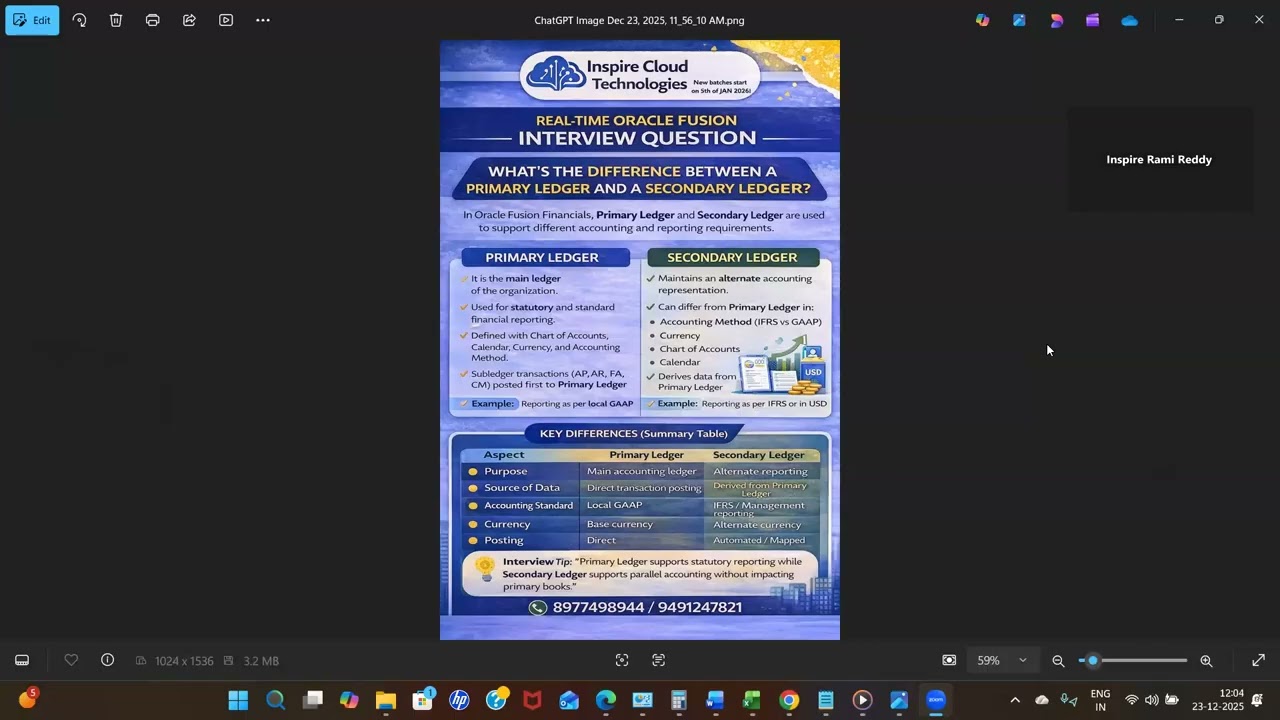 Oracle Fusion Financials - Interview question Primary ledger and secondary Ledger differences