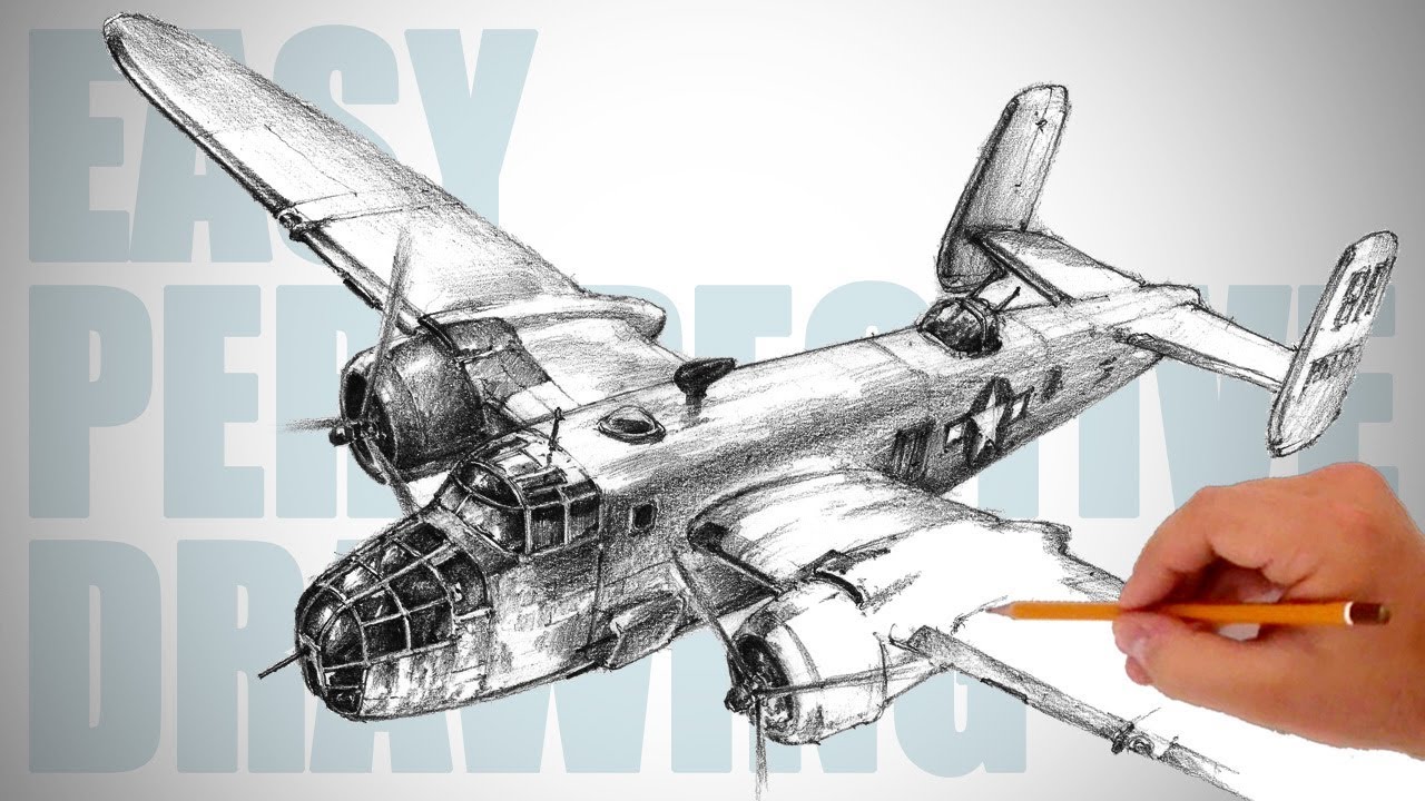 How to draw WW2 bomber aircraft (B-25 Mitchell) - Easy Perspective Drawing 33