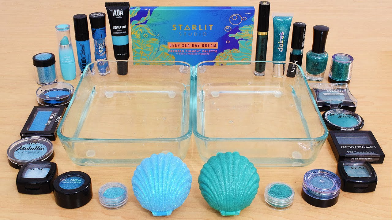 Aqua vs Sea Green - Mixing Makeup Eyeshadow Into Slime ASMR 411 Satisfying Slime Video