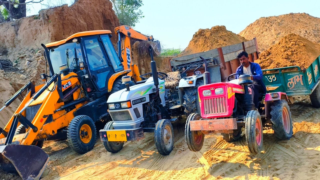JCB 3dx Loading Tractor Stuck Mud in Small Mahindra 265 Eicher 333 Massey 241 with Trolley | #jcb