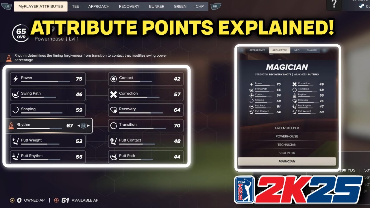 Разбираем систему очков характеристик и архетипы! | Руководство PGA Tour 2K25, эпизод 2