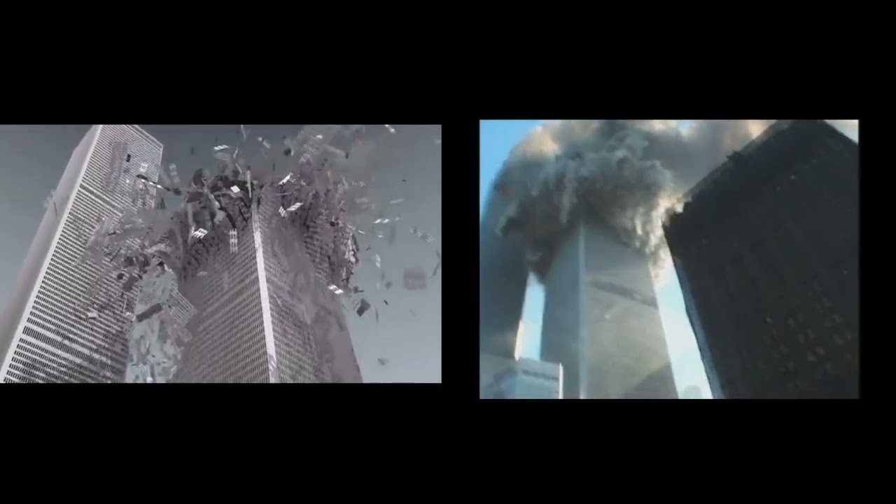 South Tower collapse simulation made by @KaiKostack compared to real footage
