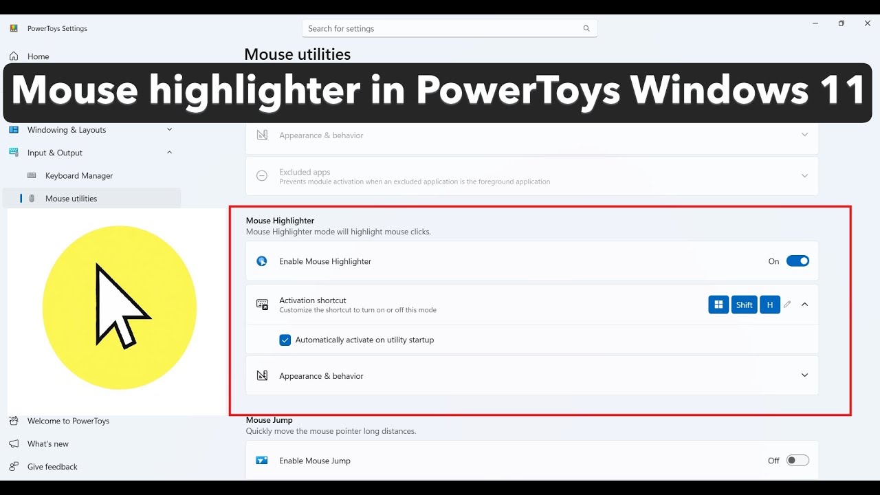 Как включить подсветку курсора мыши в PowerToys на Windows 11