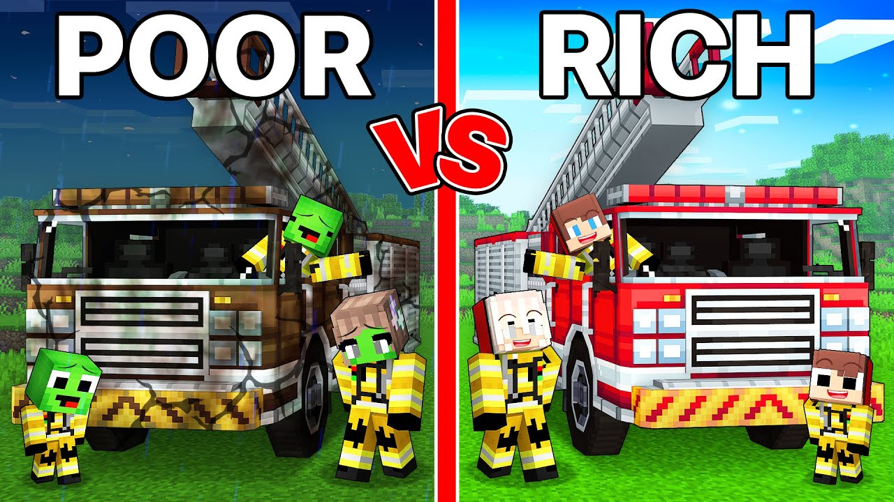 JJ's Family RICH Firetruck vs Mikey's Family POOR Firetruck Survive Battle in Minecraft - Maizen