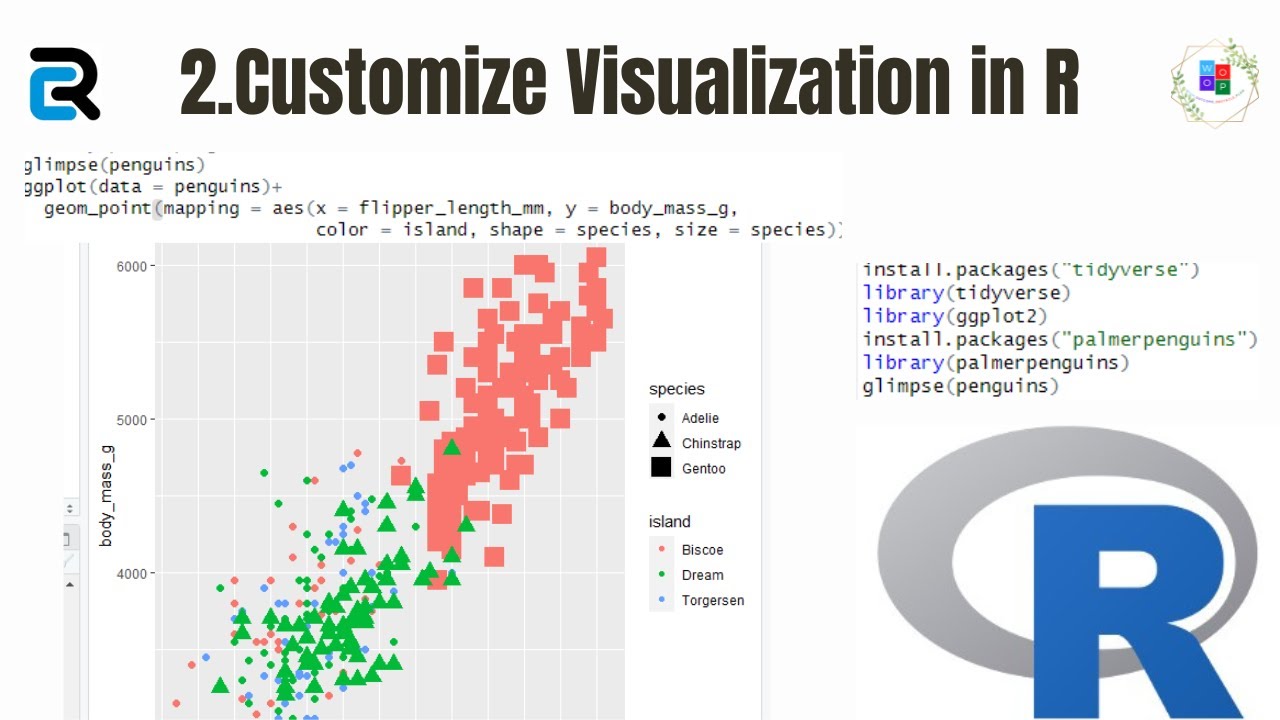 Customize plots in R programming by adding shape, color, and size.