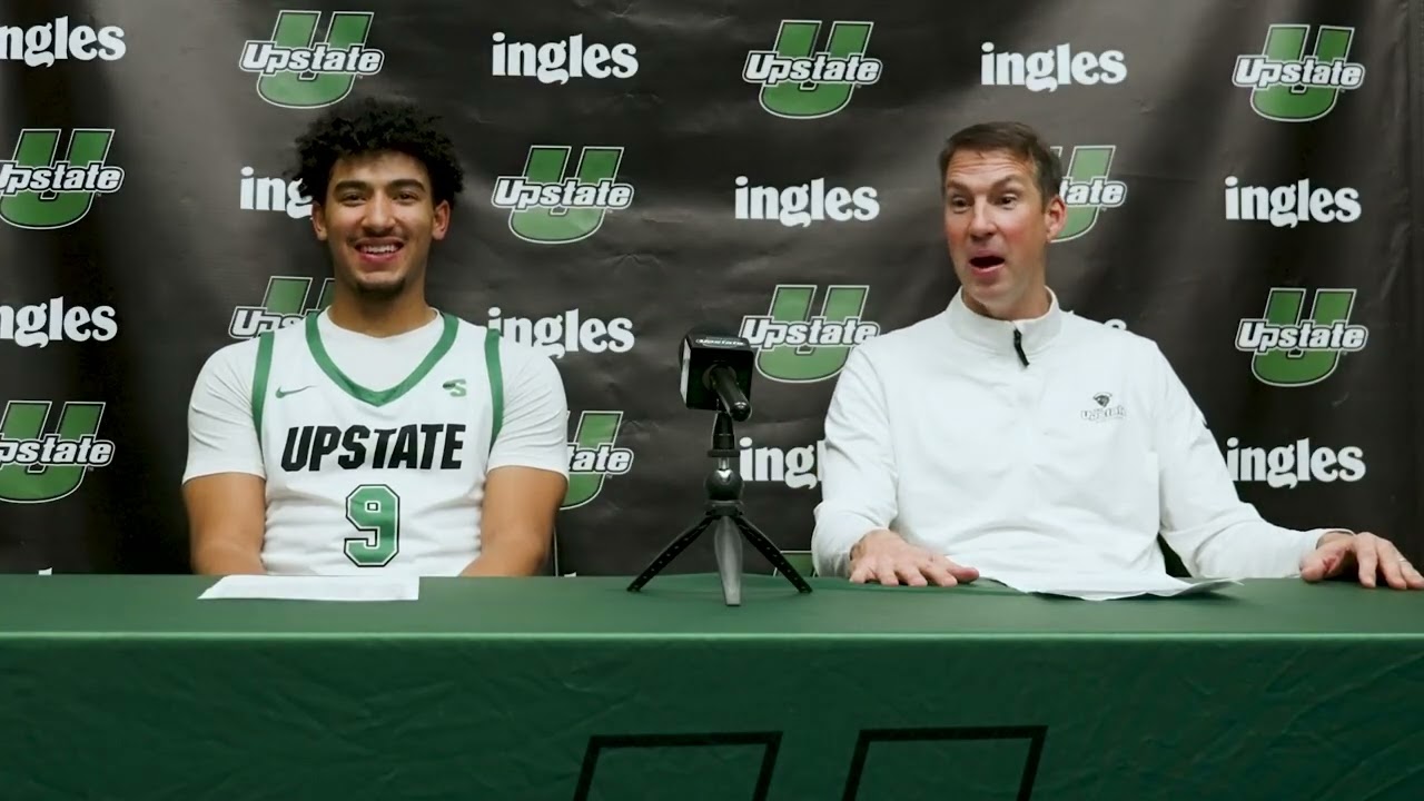 Upstate Men's Basketball postgame interview with Mason Bendinger and Coach Marty Richter