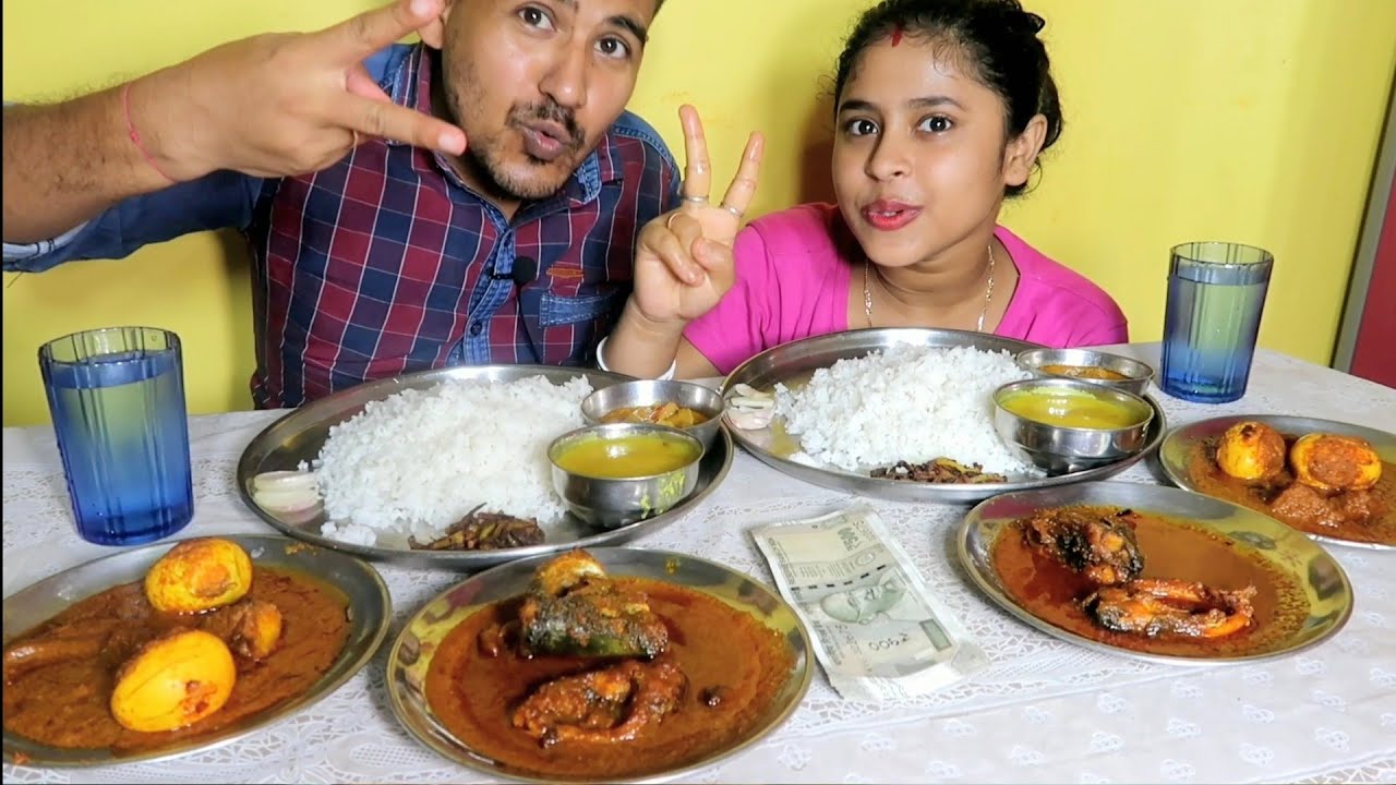 Husband wife Romantic Eating Show || Egg Curry+Fish Curry+Dal+Soybean Curry+Rice Eating Challenge