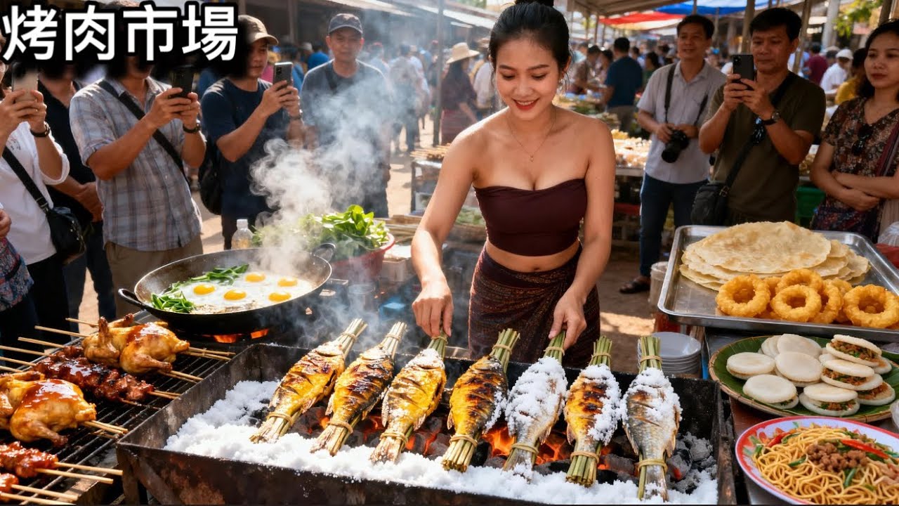 這市場全都是烤肉，200台幣就吃到飽.沒想到他們這麼熱情