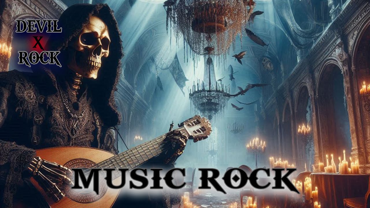 Epic Instrumental Rock Performance: A Skeleton's Journey on Electric Guitar in a Gothic Realm