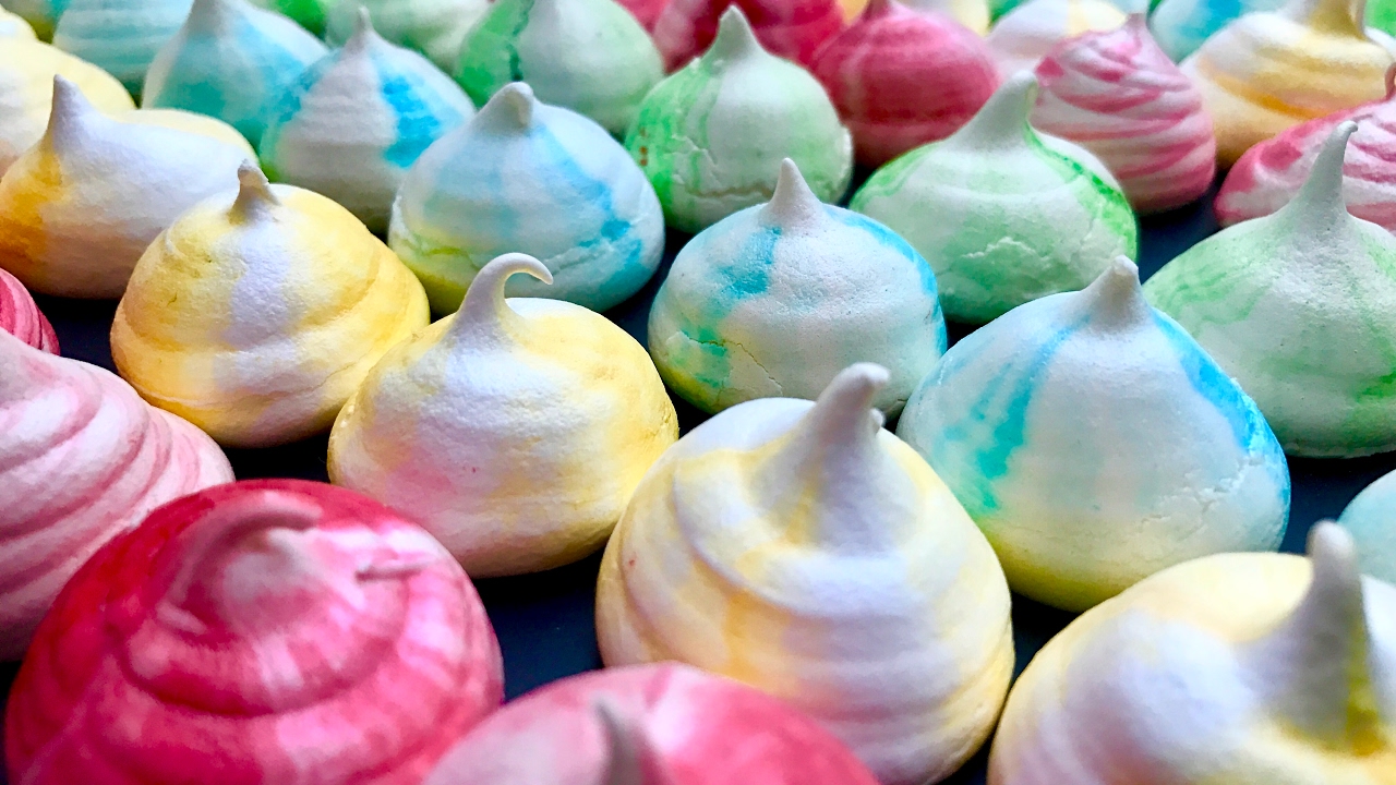 Rainbow Meringue kisses.