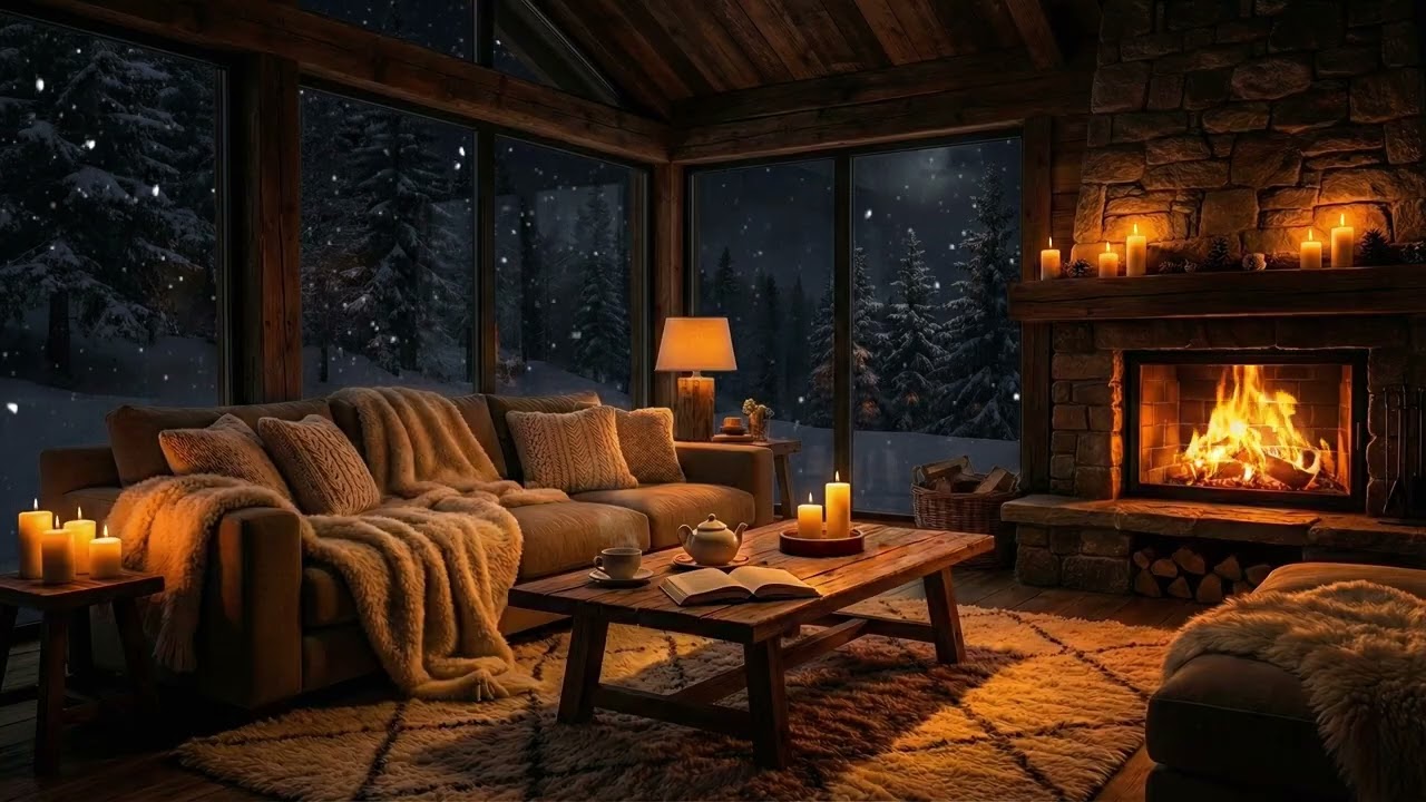 Night Snowfall & Warm Fireplace | Cozy Winter Cabin Ambience for Deep Sleep & Relaxation