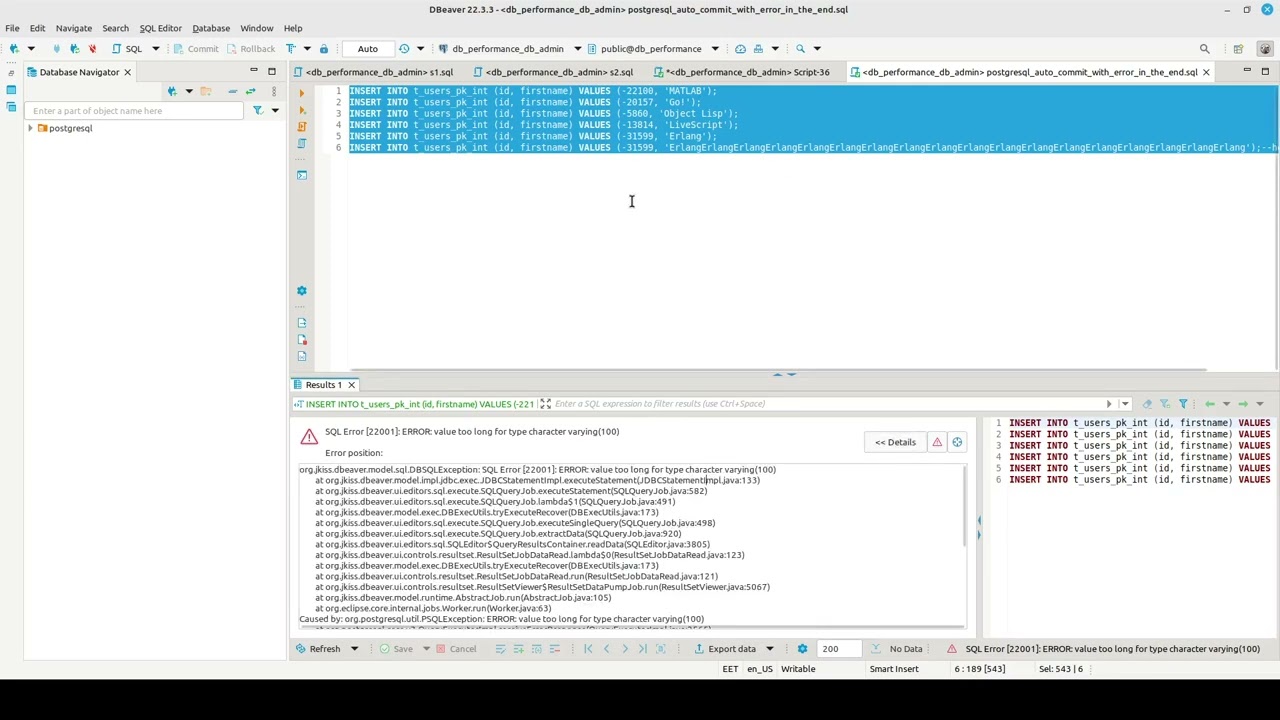 PostgreSQL auto commit mode in Java JDBC, thru DBeaver and Oracle SQL developer, L49