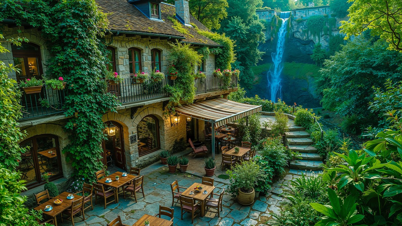 Mellow Outdoor Coffee Shop Jazz at a Waterfall View🍃Smooth Jazz with Natural Ambience for Relaxation