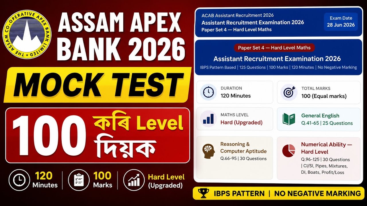 Assam Apex Bank 2026 Mock Test 🔥 100% Exam Level Questions | Full Mock| Assistant Recruitment