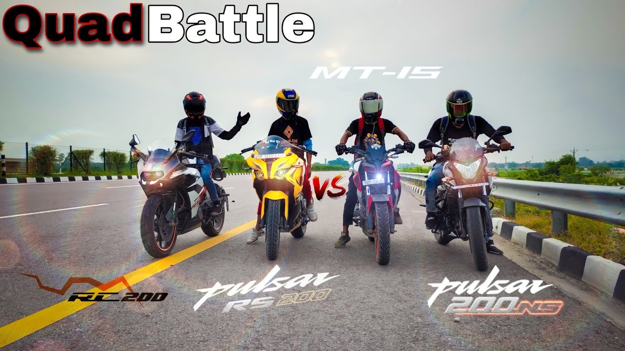KTM RC200 vs pulsar RS200 vs Yamaha MT-15 vs pulsar NS200 Drag race | Bs-6 | Quad battle | top end