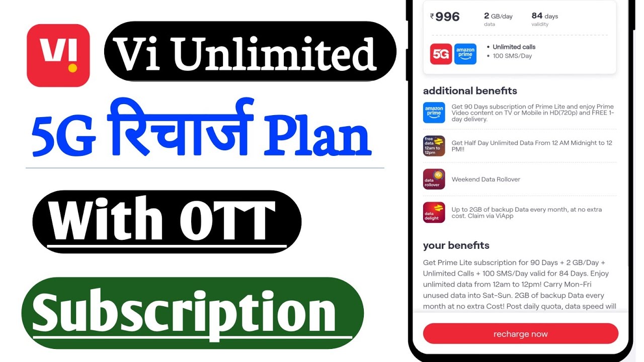 VI Unlimited Recharge Plans Rs 996 With Amazon Prime Subscription 