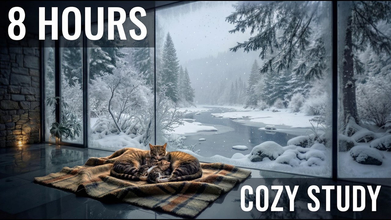 8 Hours Relaxing Cat Ambience 🐾 Cozy Room, Snowing Outside, Study & Sleep