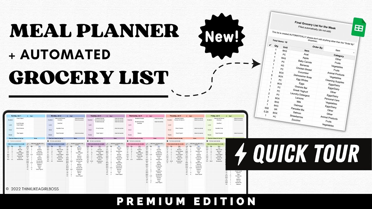 Meal Planner and Automated Grocery List - Google Sheets Template - Plan your Meals for the Month